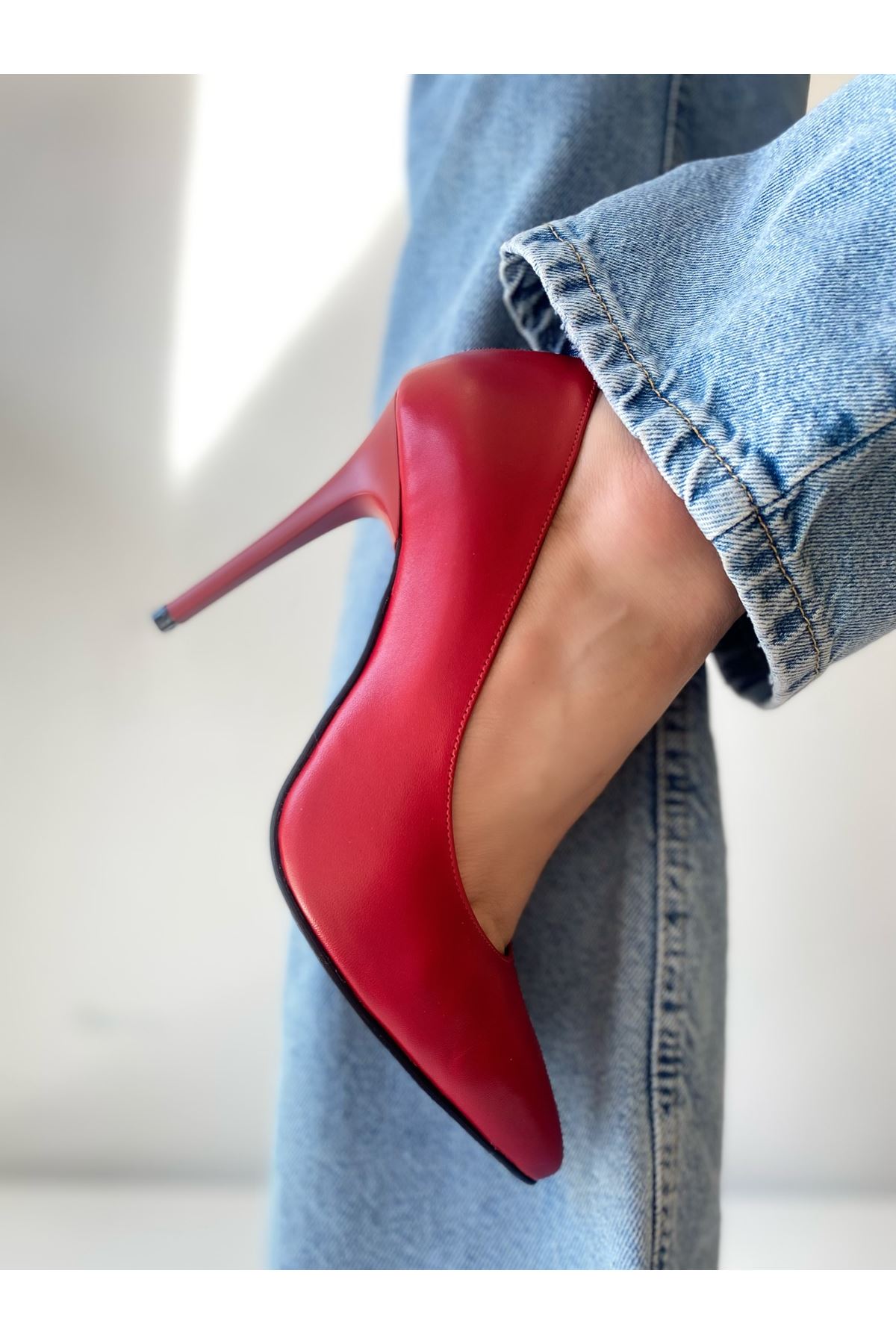 Gerçek Deri Kadın Stiletto  Kırmızı  Heel  
