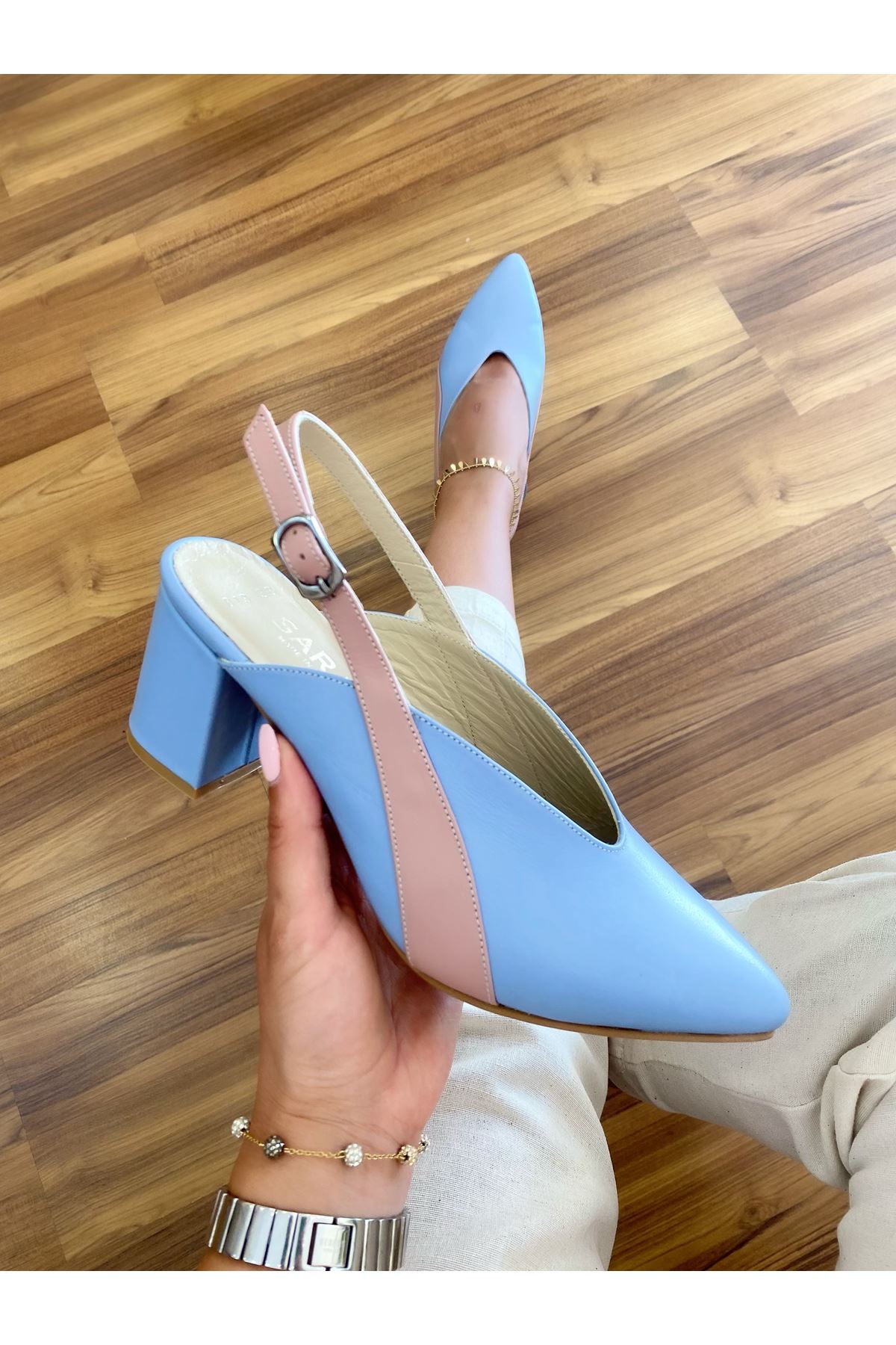 Gerçek Deri Kadın Ayakkabı Mavi  Strip  