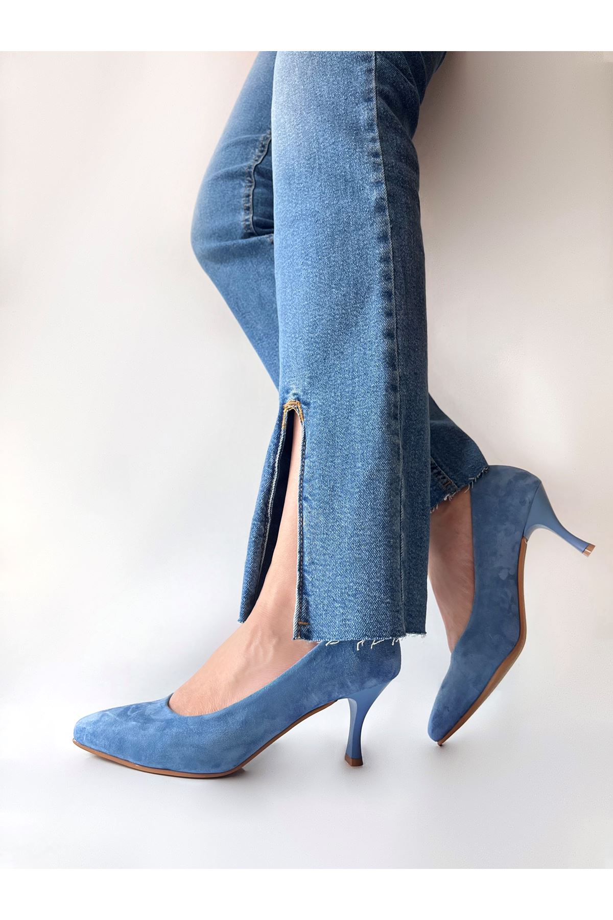 Gerçek Süet Kadın Topuklu Ayakkabı  Mavi  Cool  
