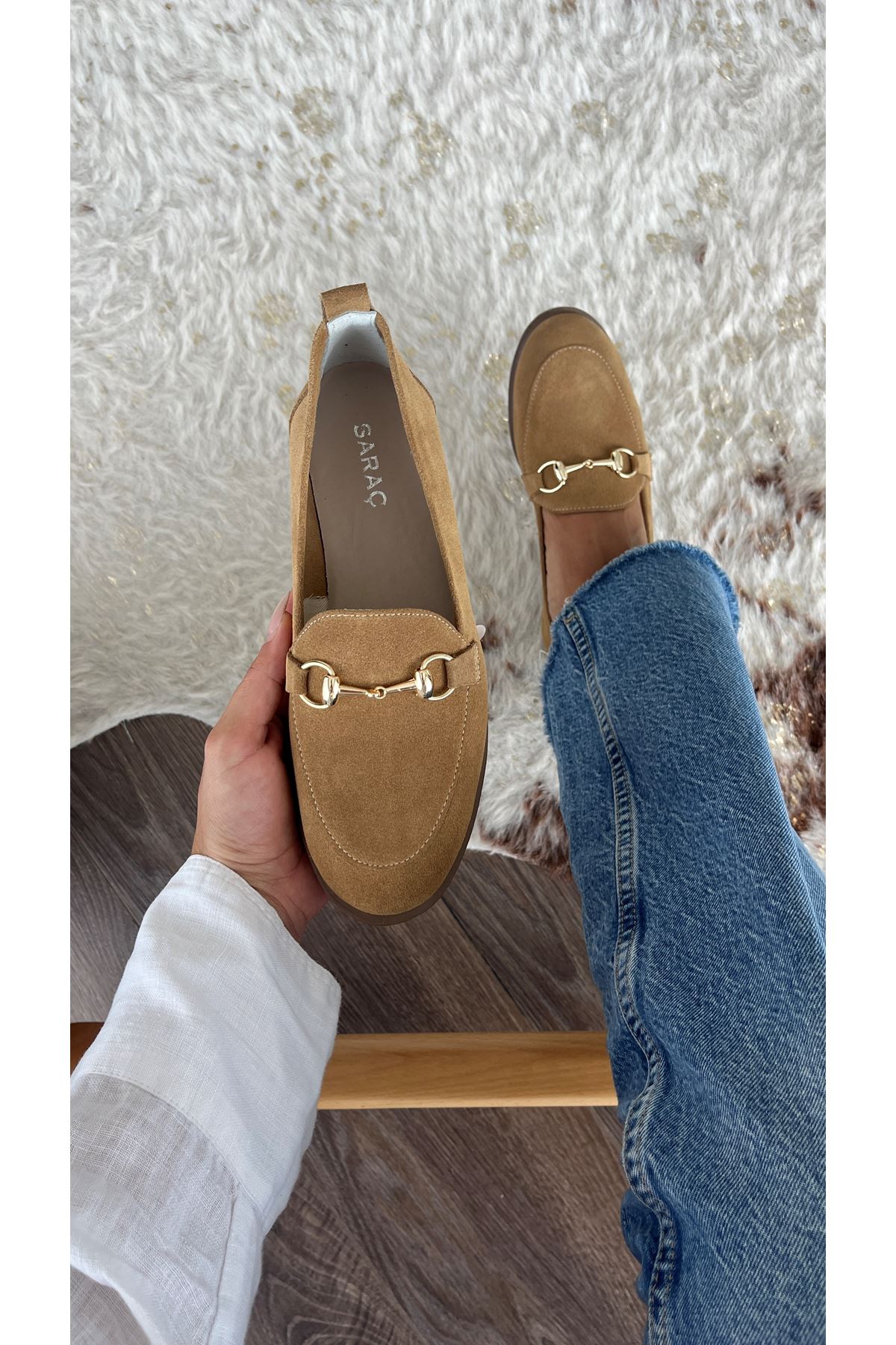 Gerçek Deri Süet Kadın Loafer Vizon Pantera