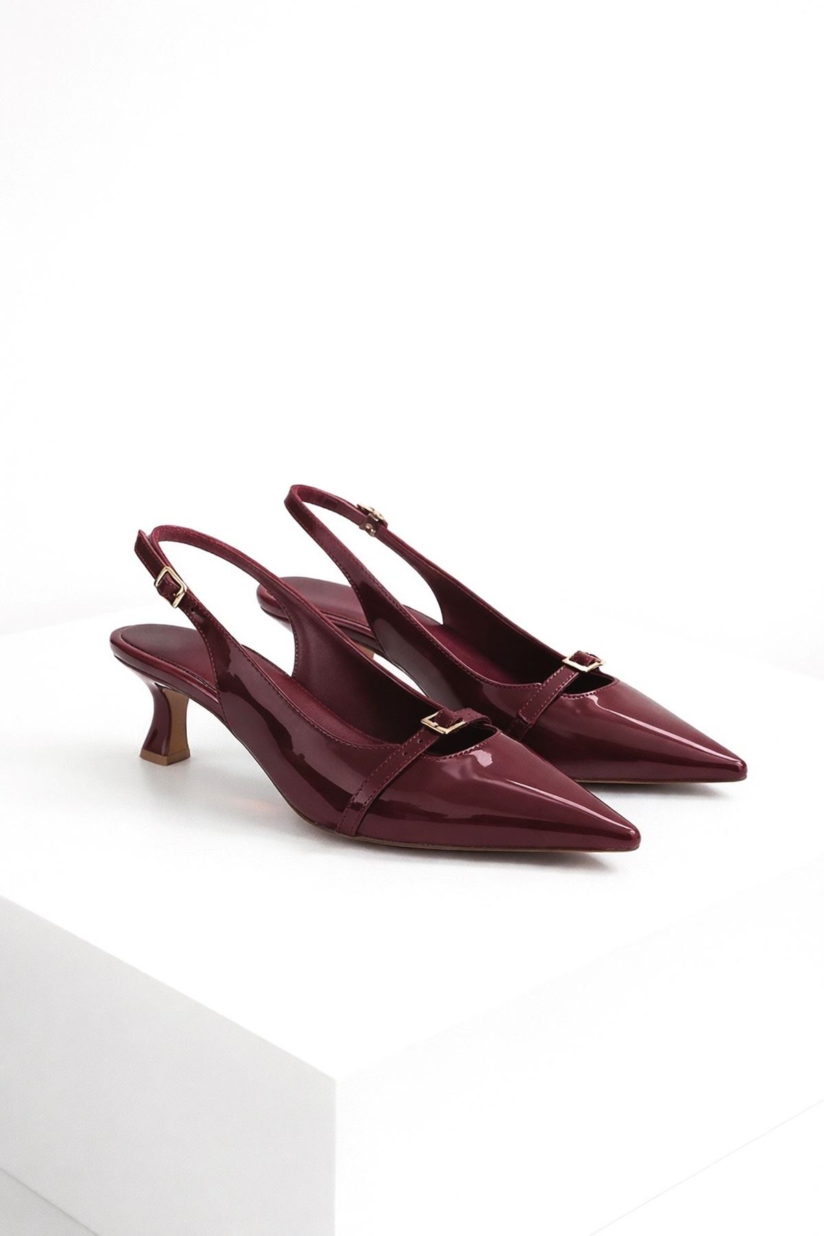  Kadın Tokalı  Topuklu  Ayakkabı Bordo Showy