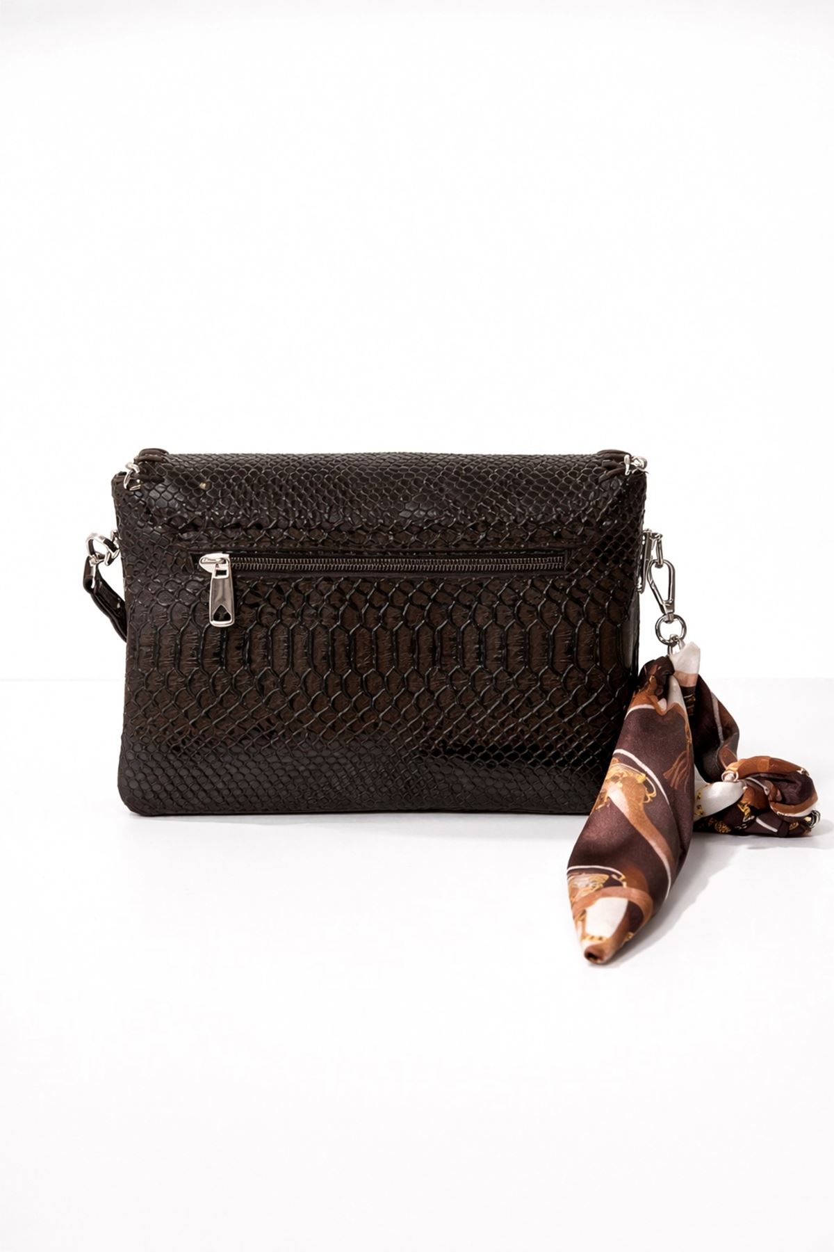 Kadın Metal Kilitli Fularlı ve  Desenli Kahverengi  Omuz ve El  Çantası Zoin