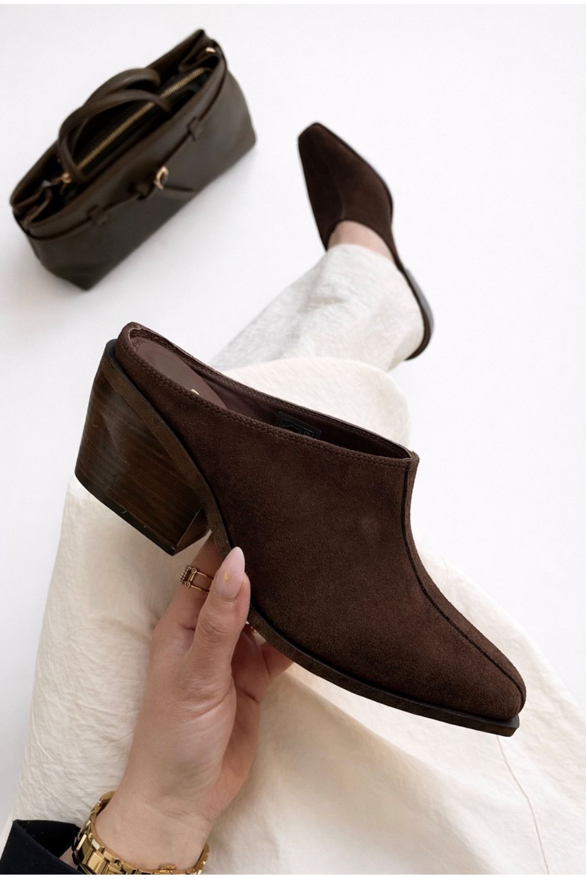 Gerçek Deri Süet Koyu  Kahverengi  Kadın Terlik  Glamour  