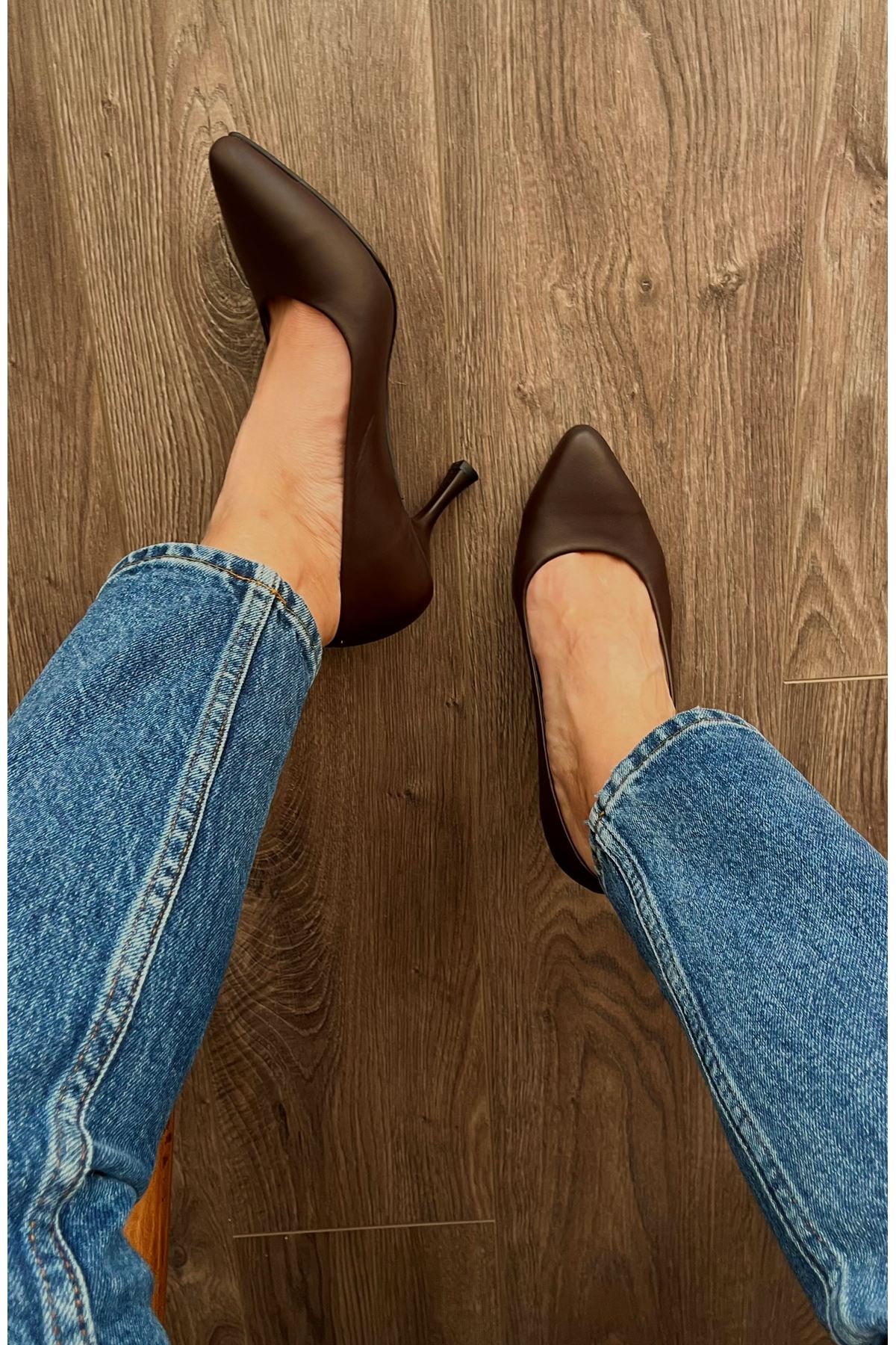 Gerçek Deri Kadın Topuklu Ayakkbı  Kahverengi Cool 