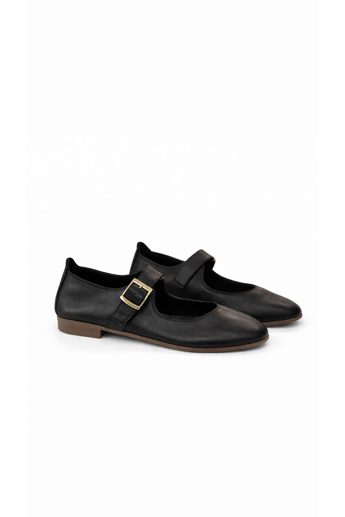 Gerçek Deri Kadın Babet  Siyah  Tokalı Montera 