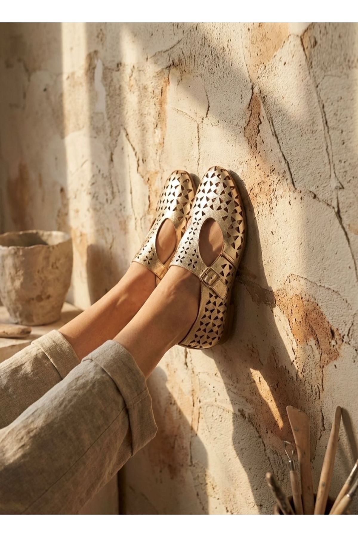 Gerçek  Deri Kadın Babet Gold Tokalı Dolce 