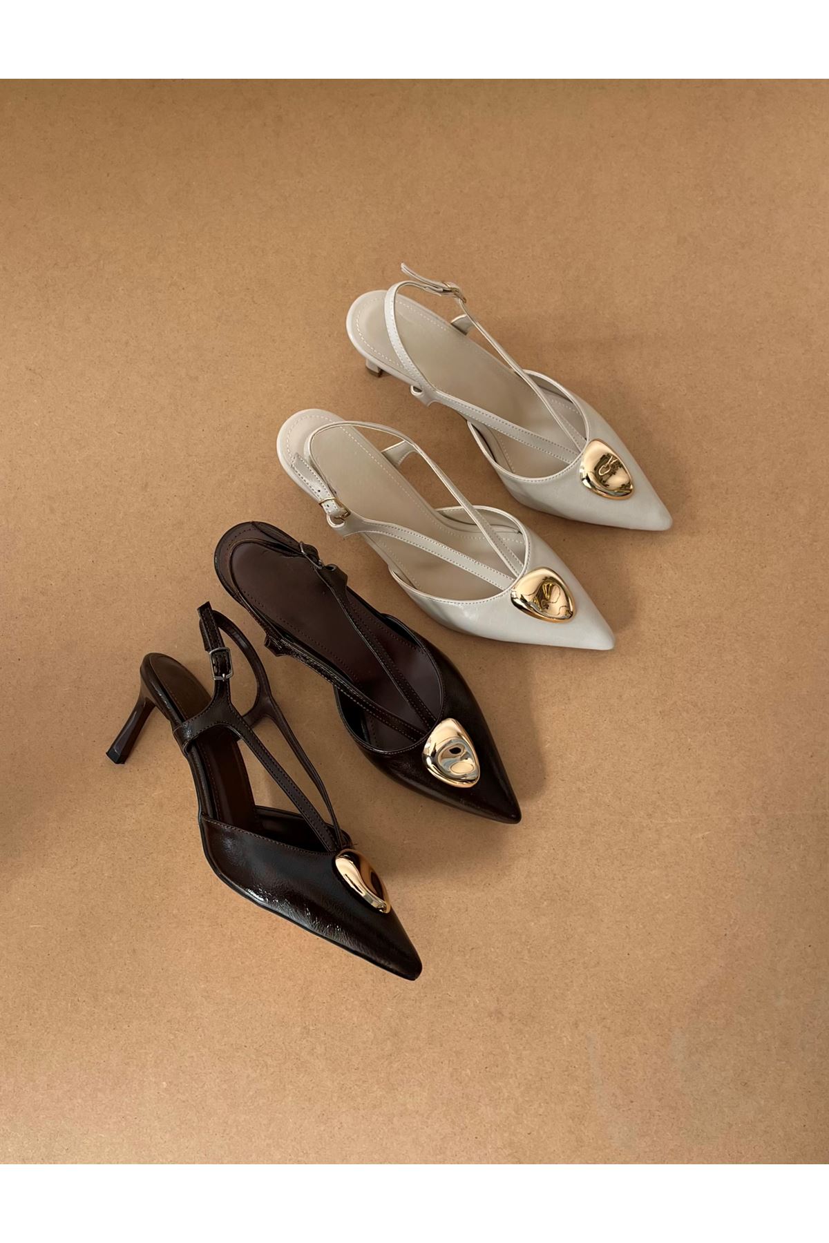  Kadın Tokalı  Topuklu  Ayakkabı Ekru Noire