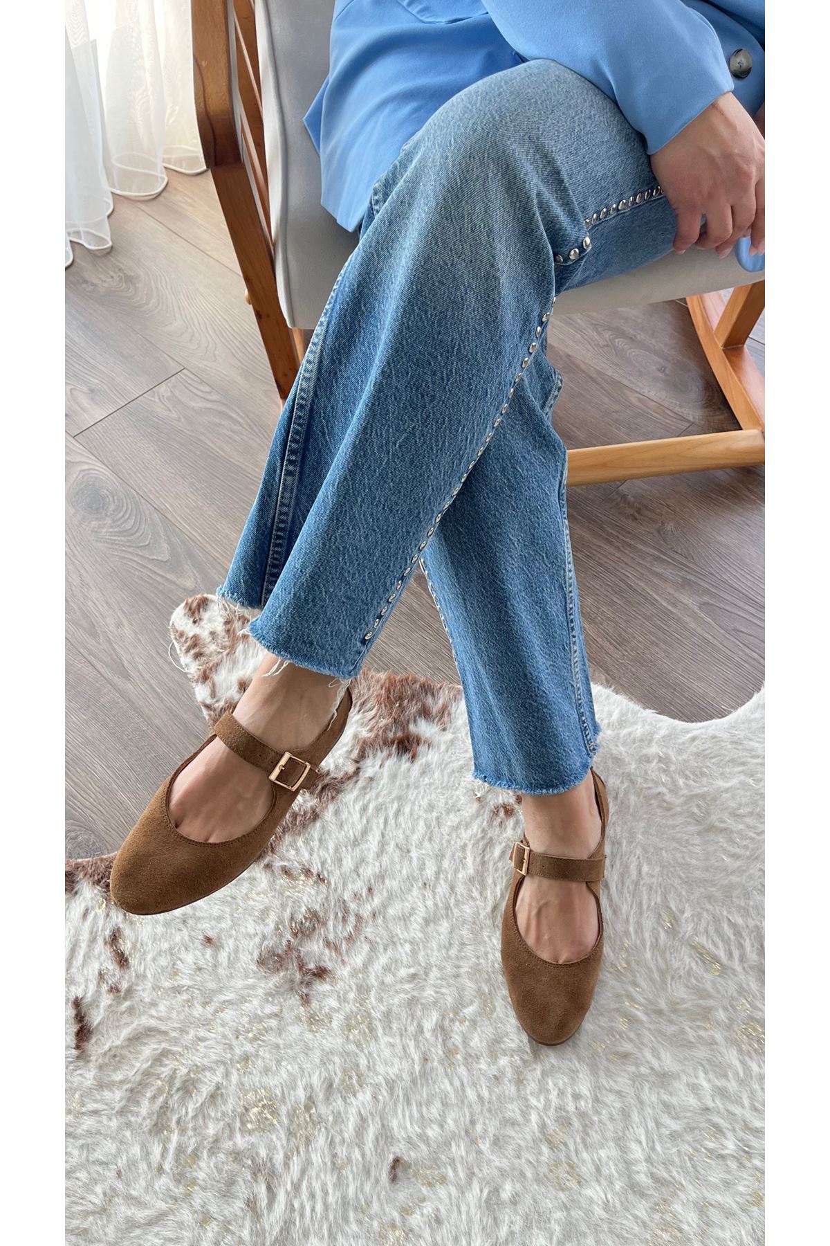 Gerçek Süet Deri Kadın Babet  Toprak  Tokalı Montera