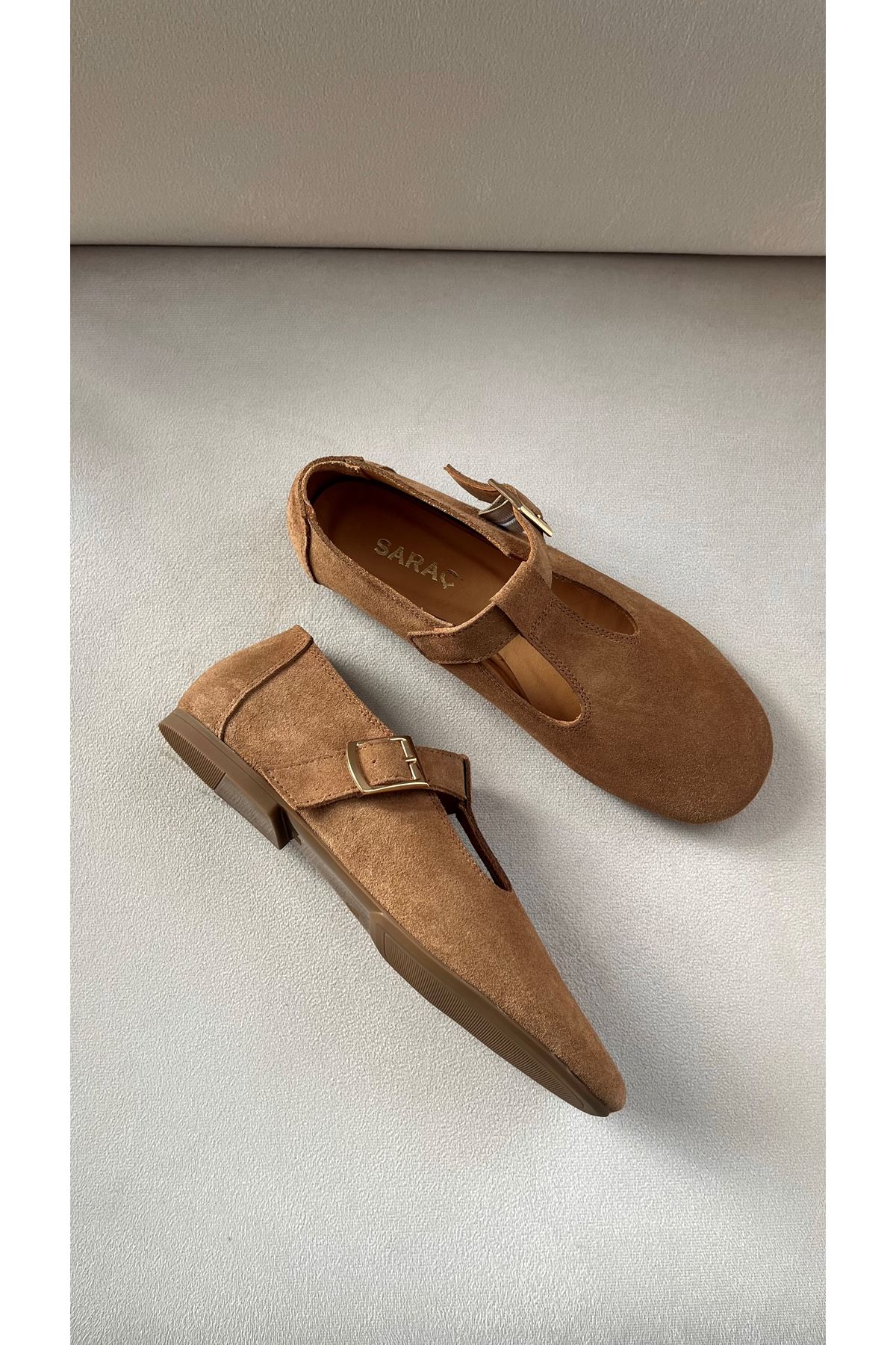 Hakiki  Süet Deri Kadın Babet Toprak Kahverengi  Amber