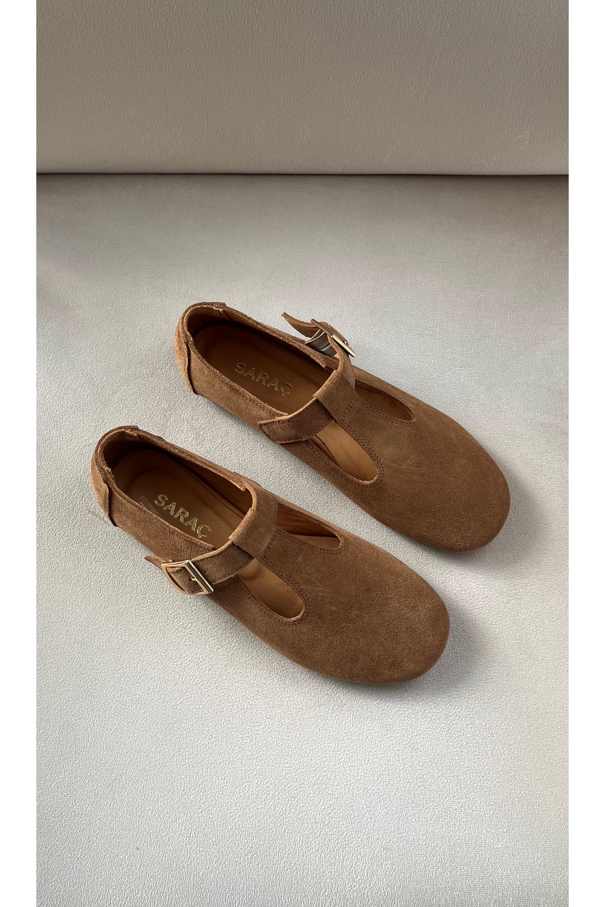 Hakiki  Süet Deri Kadın Babet Toprak Kahverengi  Amber