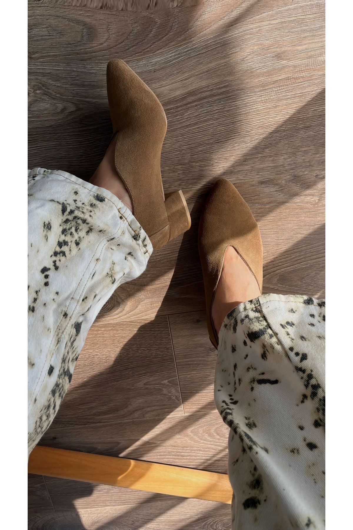 Gerçek Deri Süet Kadın Topuklu Ayakkabı Toprak Kahverengi  Slitte