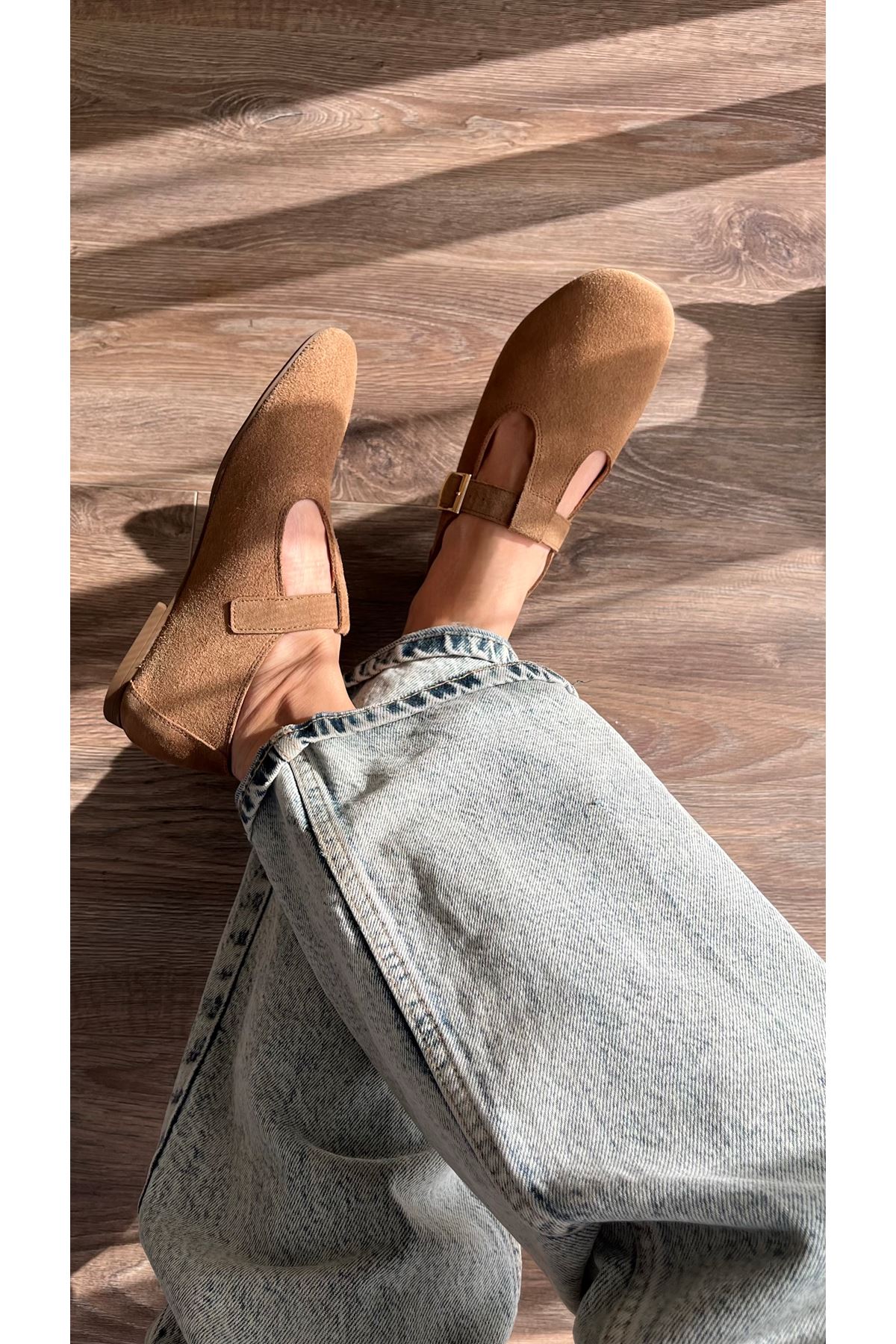 Hakiki  Süet Deri Kadın Babet Toprak Kahverengi  Amber