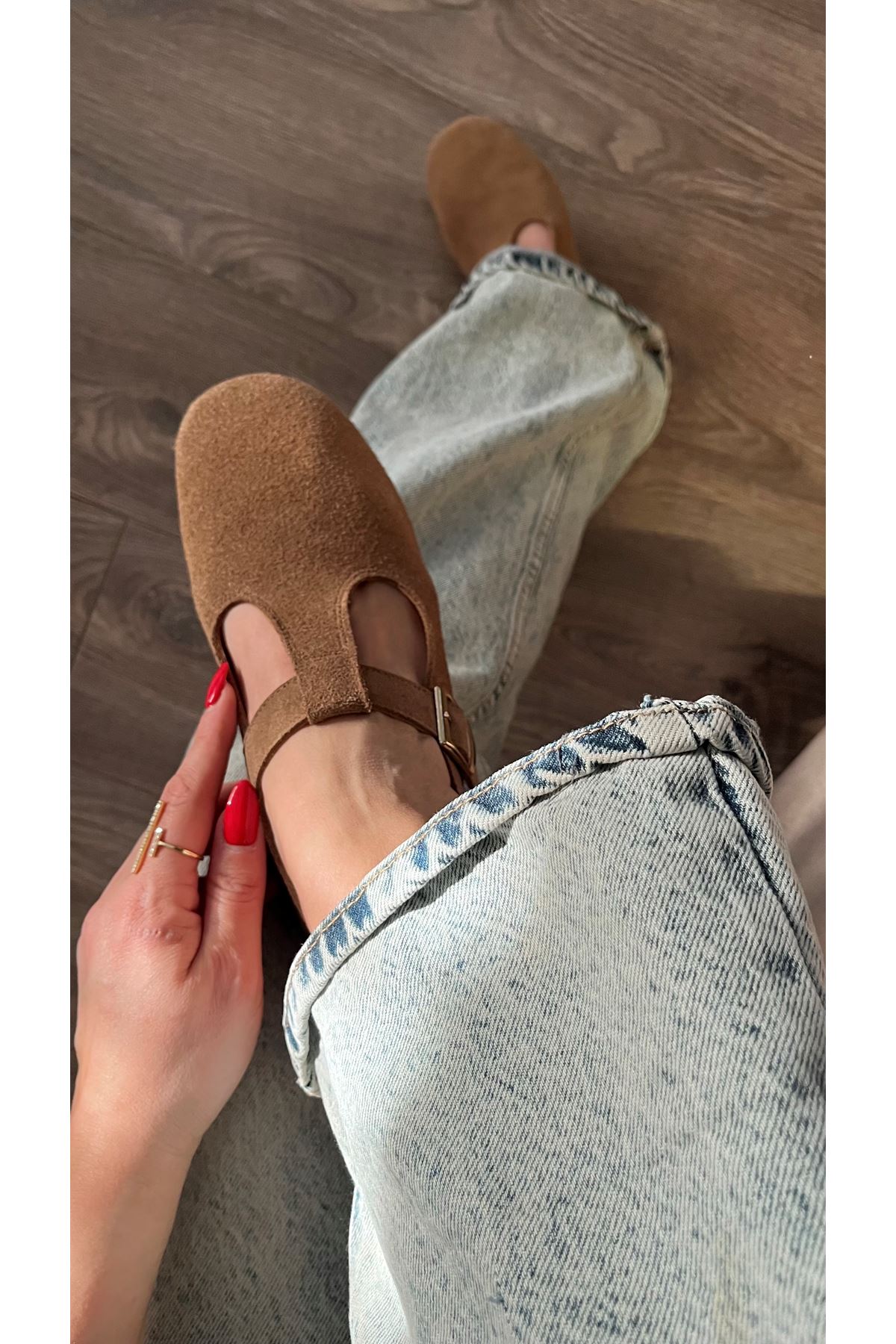 Hakiki  Süet Deri Kadın Babet Toprak Kahverengi  Amber