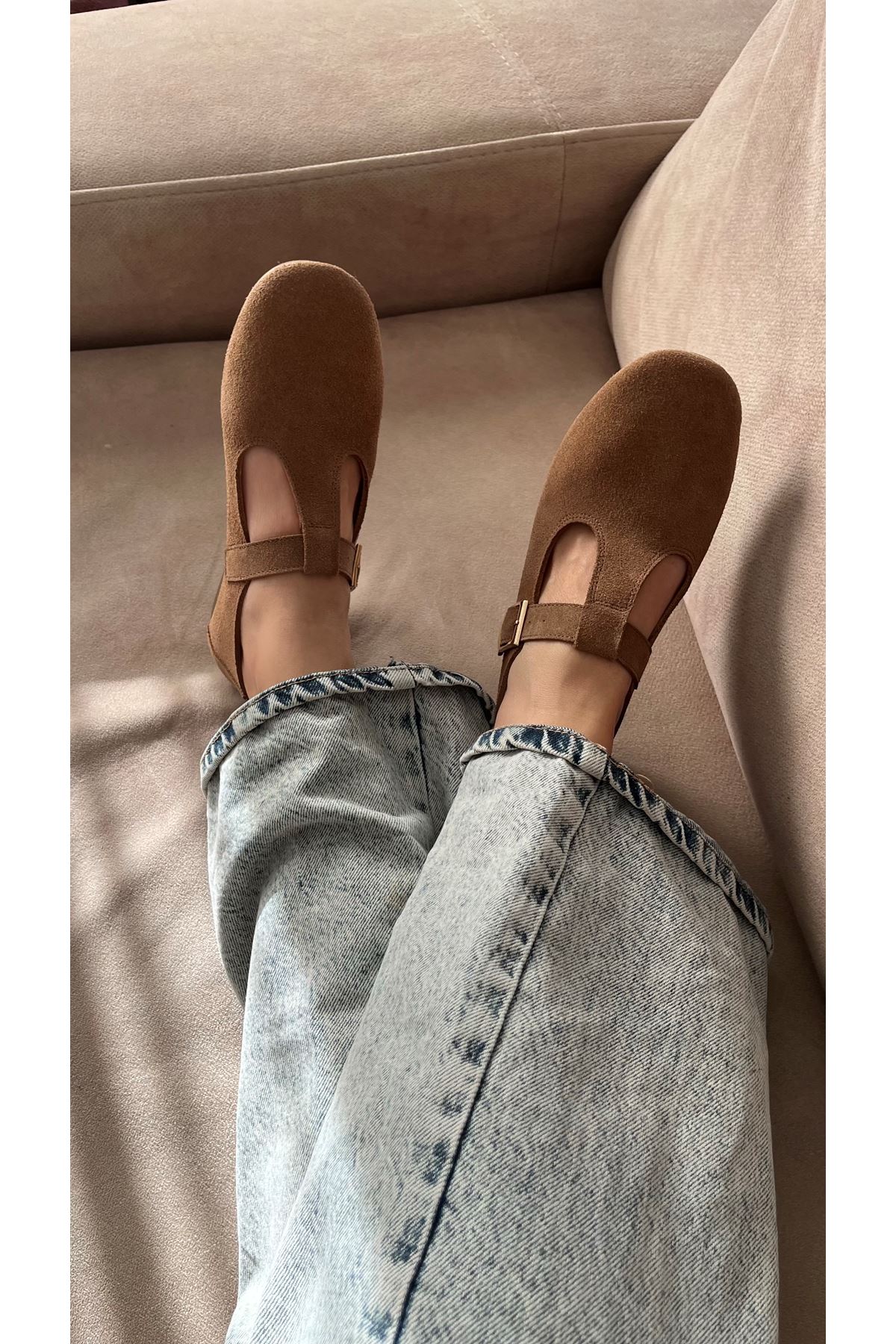 Hakiki  Süet Deri Kadın Babet Toprak Kahverengi  Amber