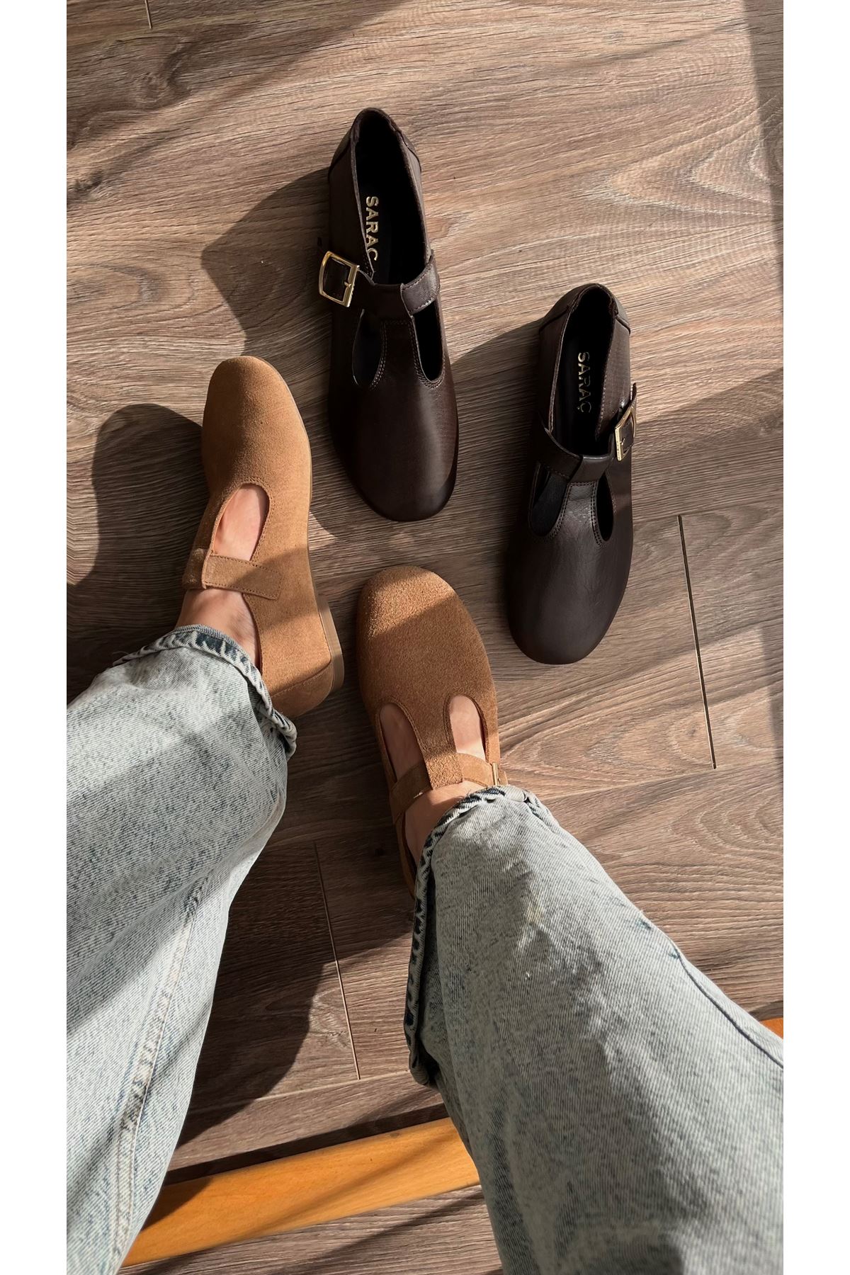 Hakiki  Süet Deri Kadın Babet Toprak Kahverengi  Amber