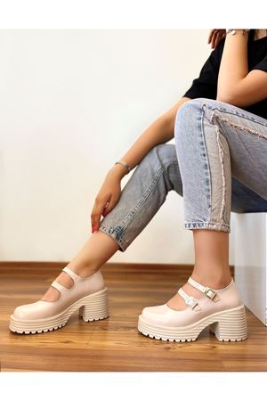  Kadın Ayakkabı  Bej Çift Tokalı Pelina 