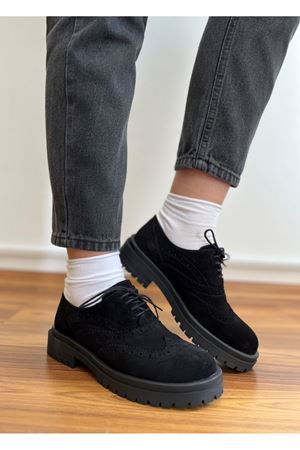 Gerçek Süet  Siyah Bağcıklı Vista  Kadın Loafer