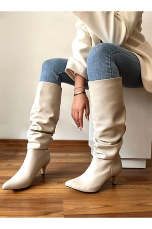  Kadın İnce Topuklu  Bej Körüklü  Çizme Xena