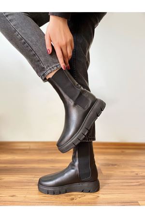 Gerçek Deri  Kadın Bot Lastikli Siyah Elasti