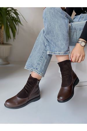 Gerçek Deri Kadın Bot  Çift Fermuarlı Kahverengi Kafi