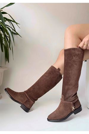Gerçek Deri Süet Kadın Çizme Kahverengi Tokalı  Jockey  