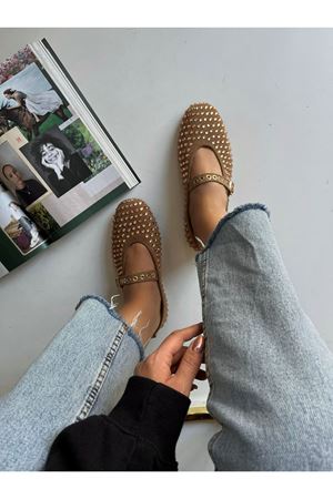 Gerçek Deri  Süet Kadın Babet Vizon  Taşlı Diamond