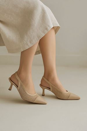  Kadın Fileli Topuklu  Ayakkabı Bej  Cache 
