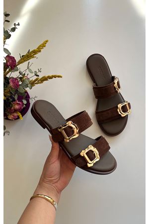 Gerçek Deri Süet Kahverengi Tokalı Kadın Terlik Monita