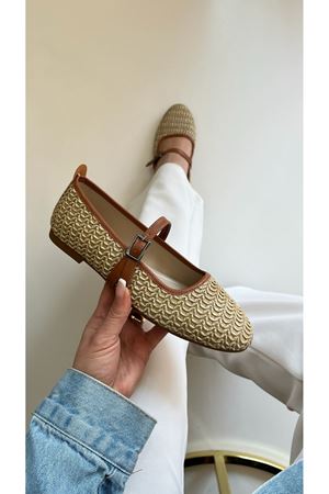  Kadın Hasır  Babet  Bej  Tokalı Straw