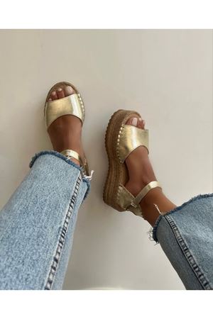 Gerçek Deri Gold Kadın Espadril Wicker 