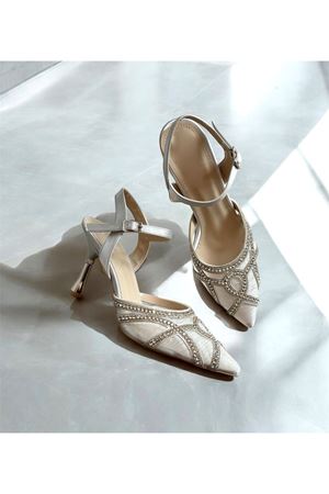  Kadın Taşlı Topuklu  Ayakkabı Bej  Venüs