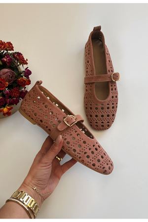 Gerçek Deri Süet Kadın Babet Pembe Tokalı Vog