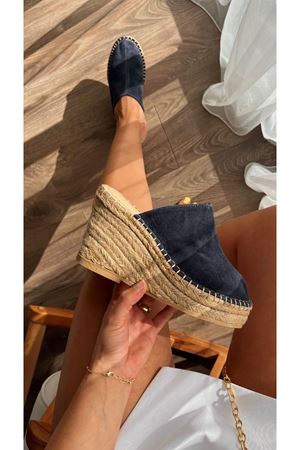 Gerçek Deri Süet Lacivert  Kadın Espadril Terlik Sunny