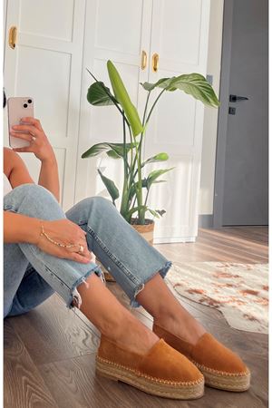 Gerçek Deri Süet Kadın Espadril Taba  Sparkle