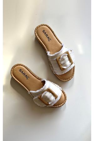 Keten Kadın Espadril Tokalı  Terlik  Beyaz  Jone