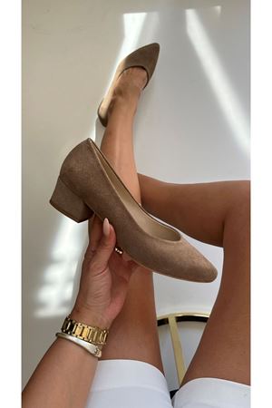 Gerçek Deri Süet Kadın Kısa Topuklu  Vizon Süet Basic