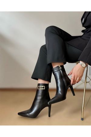 Gerçek Deri  İnce  Topuklu Kadın Bot  Siyah Femini 
