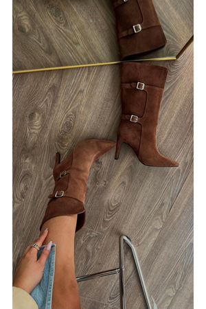 Gerçek Deri Süet İnce  Topuklu Kadın Çizme  Kahverengi Star