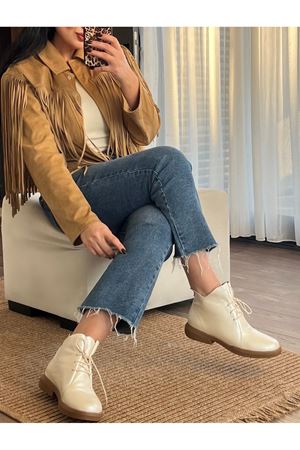 Gerçek Deri Kadın Bot Bej  Rubber 