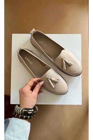 Gerçek Deri Bej  Püsküllü Kadın Loafer Mona