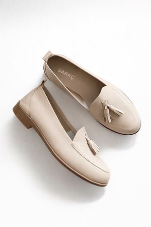 Gerçek Deri Bej  Püsküllü Kadın Loafer Mona